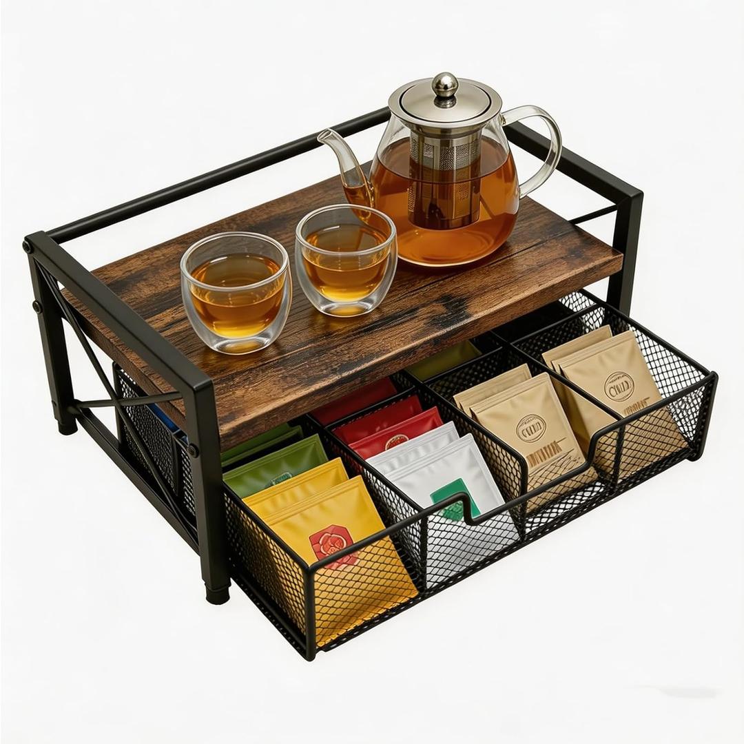 Tea Bag Organizer With Adjustable Drawer, Teabag Bar Holder Organizer For Counter, Wood Metal Station Storage Chest Display, Coffee Packet Containers Box For Countertop Kitchen Office Rustic Brown