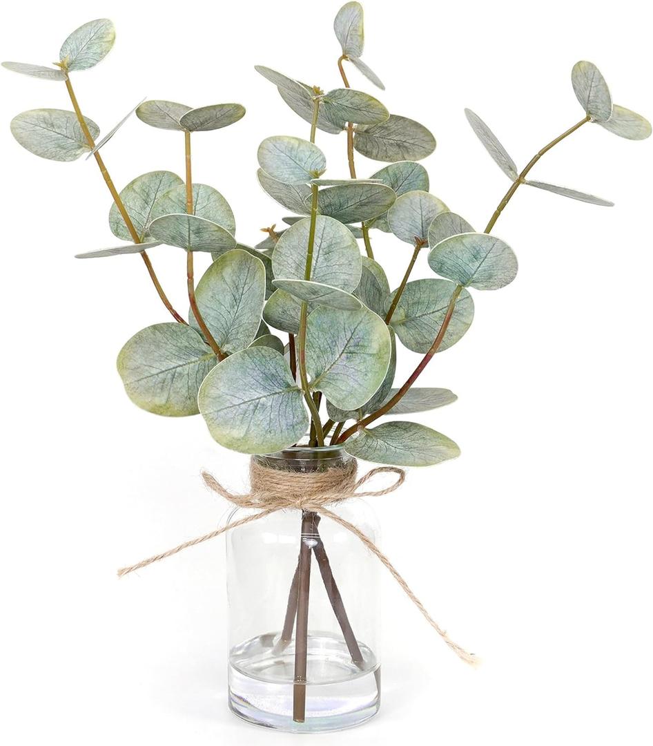 Muhanjia Artificial Eucalyptus Stems in Glass Vase with Faux Water,3Pcs Fake Plant with Double-Sided Green Leaves for Centerpiece(Double-Sided Green Eucalyptus)