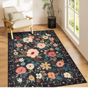 3x5 Area Rug, Floral Rugs for Living Room, Lightweight Non Slip Washable Rug, Indoor Low Pile & Non-Shedding Boho Design Rugs for Bedroom, Living Room, Dining Room, Black