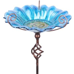 MUMTOP Bird Baths for Outdoors, Outdoor Bird Bath,Glass Birdbath Sunflower Bird Feeders Bowl with Stake for Garden Yard Decor (Blue)