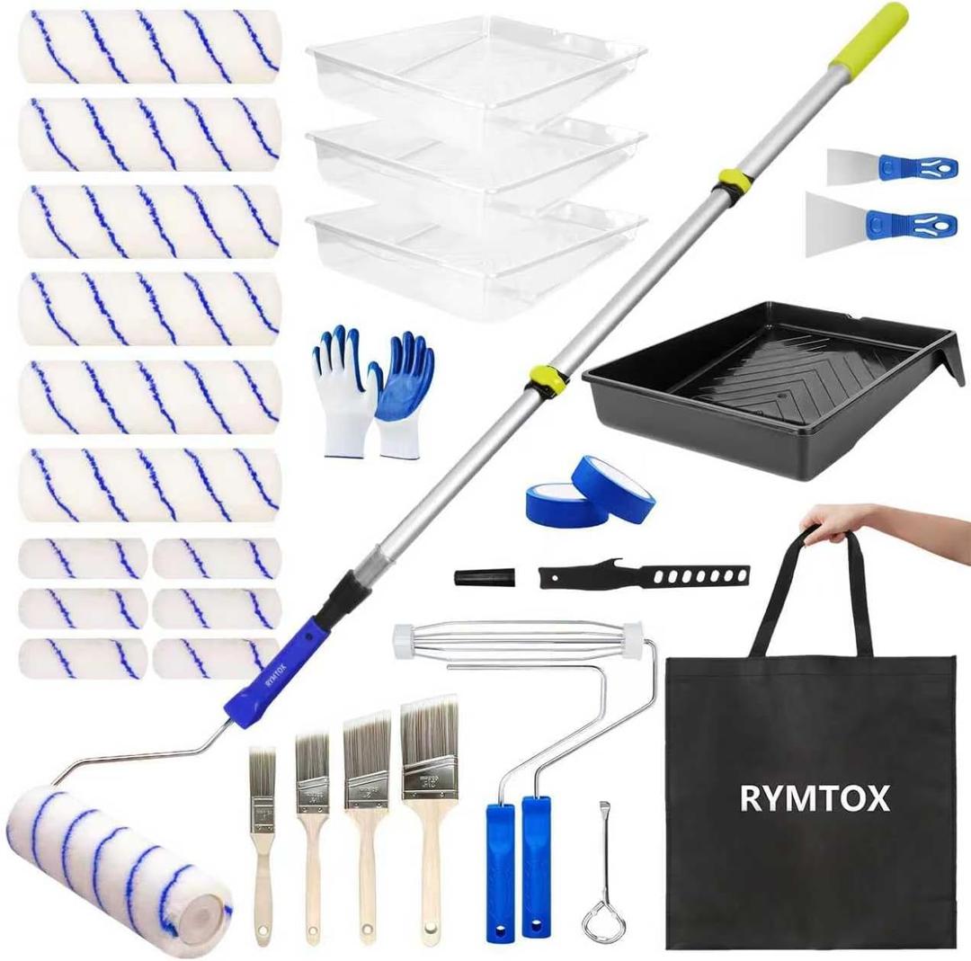 33PCS Paint Roller Kit with Extension Pole | 24 FT Pole | 9" & 4" Paint Rollers | Carry Bag | 4 Brushes & Tape | Professional Painting Supplies & Paint Brushes Set for Walls Ceilings and Home