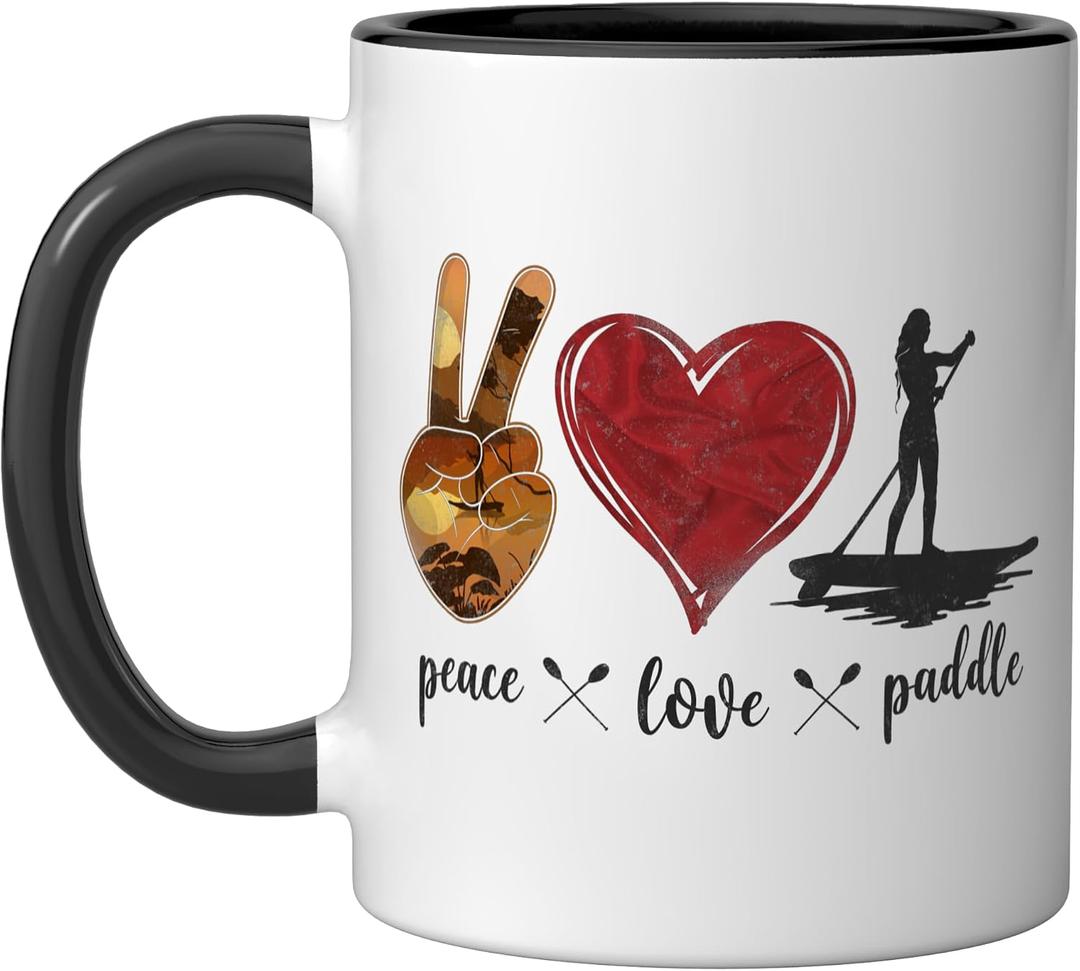 SUP Paddle Board Peace Love Paddle Girl Heart Ceramic Mug, Black/White