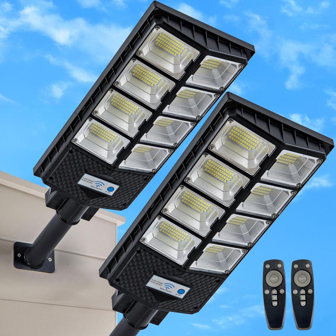 Solar Street Lights Outdoor, IP67 Waterproof Wall-Mounted LED Flood Light with Motion Sensor & Remote Control - Auto Dusk to Dawn Security Lighting for Patio, Garden, Garage, Courtyard-2 Pack (800W-2P)