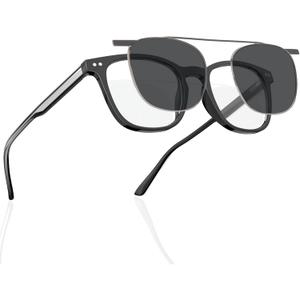 DEHOTRE Non Prescription Glasses Eyeglasses Men with Magnetic Clip On TAC Polarized Sunglasses Acetate Frame Clear Lens (Black)