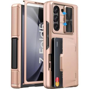 for Galaxy Z Fold 5 Case with Kickstand & Card Holder, Built-in Camera Cover & Screen Protector & Hinge Protection, Rugged Sturdy Shockproof Phone Case for Samsung Z Fold 5 2023, Rose Gold
