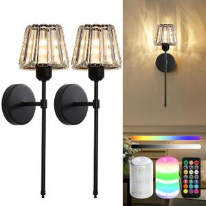 Battery Operated Crystal Wall Sconce Set of 2, Black Rechargeable Wireless Wall Sconces with Remote Dimmable 12 Colors Modes Led Wall Lights, Wall Lamp for Bedroom Living Room Hallway 2 Bulbs Included