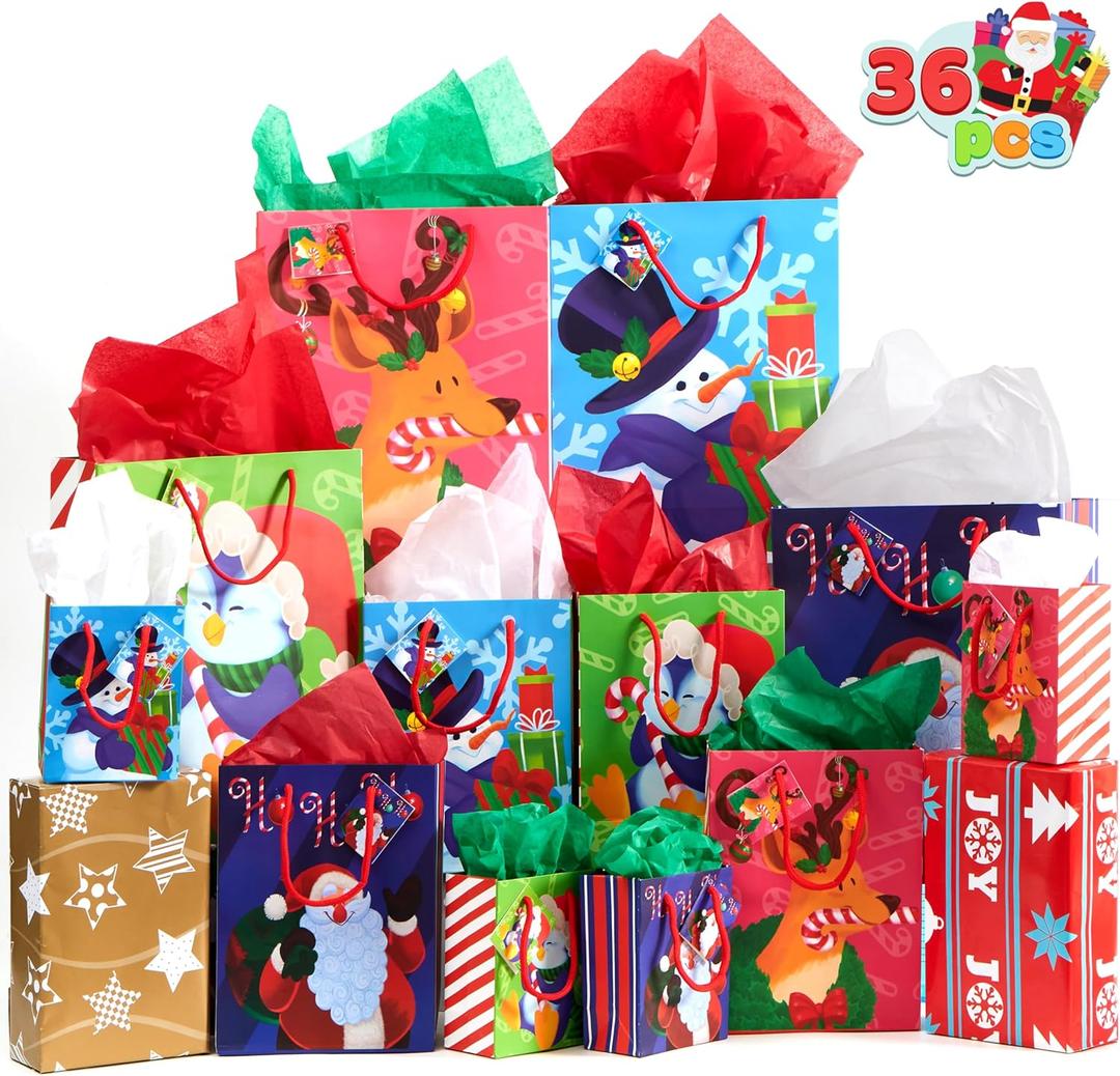 JOYIN 36 Pcs Christmas Bags with Tissue Papers and Tag, Assorted Sizes Set for Wrapping Xmas Holiday Presents, Thanksgiving Gift Decoration, Present Wrapping, School Classrooms, Party Favors