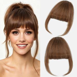 Clip in Bangs, 100% Real Human Hair Wispy Fake Bangs Hair Clip for Women Light Brown Natural Curtain Fringe with Temples Hairpieces for Daily Wear (Wispy Bangs, Light Brown)