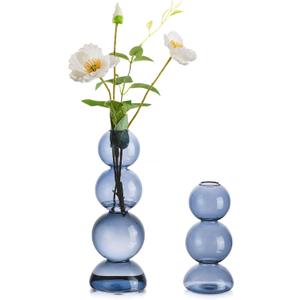 Glass Bubble Vases for Flowers, Hewory 2pcs Light Blue Unique Cute Single Flower Vase for Centerpieces, Funky Aesthetic Vase Skinny Bud Vase, Cool Groovy Decor for Living Room Bedroom Office Tabletop