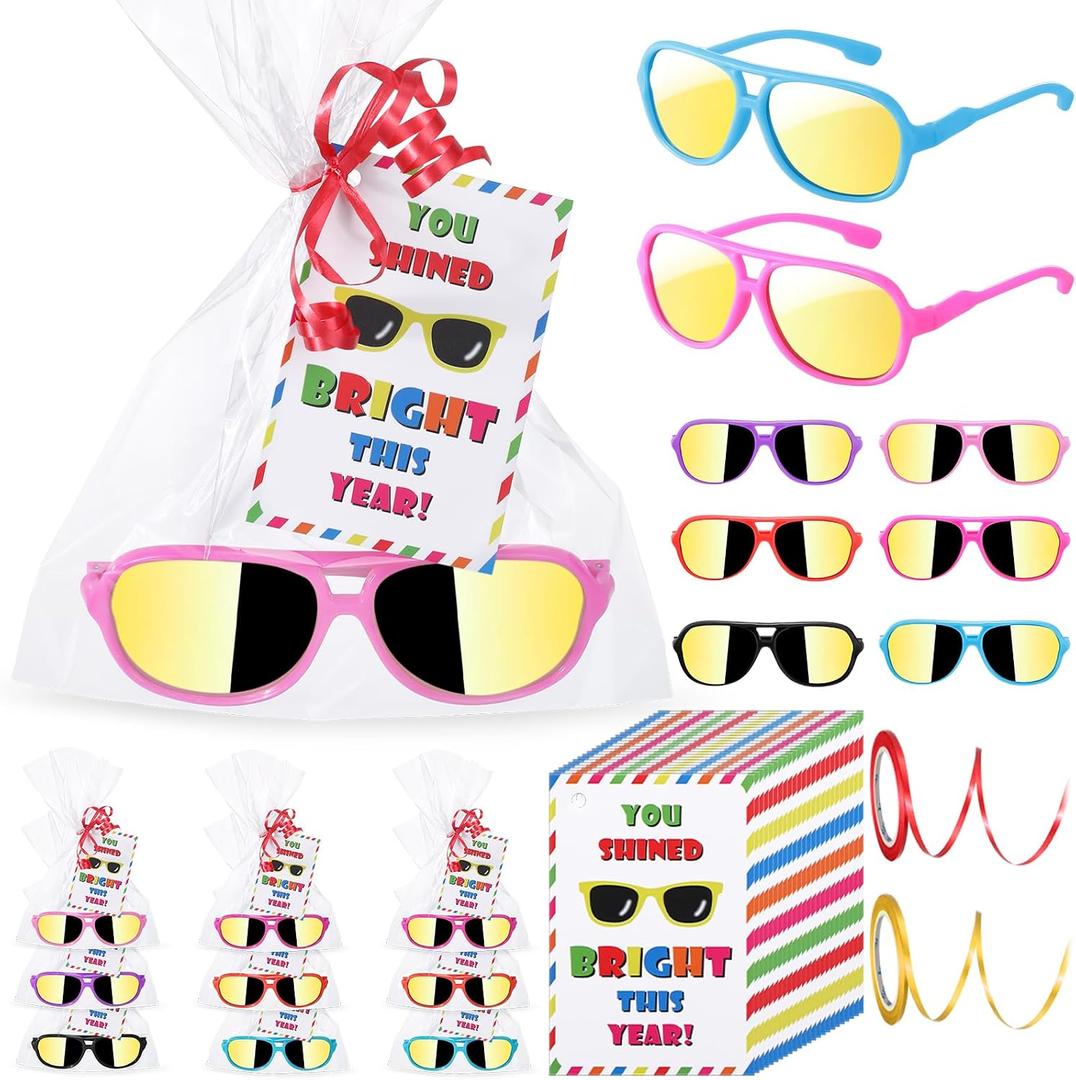 Copkim 30 Set End of Year Student Gifts from Teacher, Kids Neon Sunglasses Bulk Cards Packaging Bags 2 Ribbons for Classroom Prizes Student Graduation Gifts