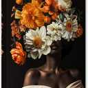 SWQYLB African American Wall Art African Black Girl Picture Abstract Flower on Black Women Head Canvas Prints Vintage Artwork for Girl Room Decor Framed (Orange, 12.00" x 18.00")
