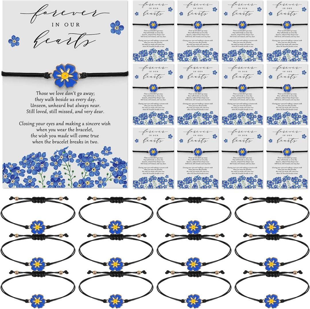 Qilery 50 Sets Forget Me Not Bracelet for Women Celebration of Life Memorial Sympathy Bangle with Prayer Cards Memorial Gifts for Loss Loved One