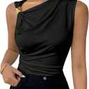 Milumia Women's Asymmetrical Neck Metal Sleeveless Ruched Tank Tops (Medium, Black)