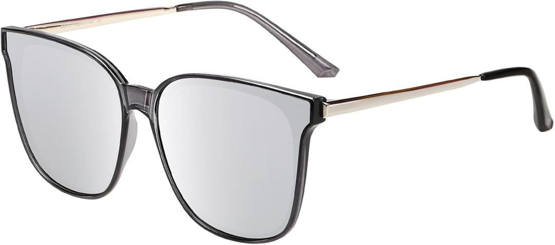 DUCO Oversized Polarized Sunglasses Womens Trendy Mirrored Shades Retro Round Vintage Light Weight UV400 Sun Glasses W016 (05- Transparent Gray Frame Silver Lens)
