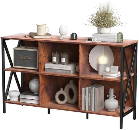 Horizontal Bookshelf Bookcase,Cube Storage Organizer Shelf,Industrial Wide Bookcase with Storage,Low Short Wide Cubby Shelves,Rustic Farmhouse Shelf for Office Bedroom Living Room,47 in(Brown,6 Cube)