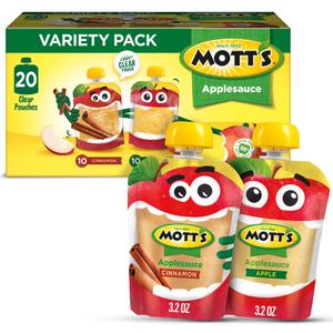 Motts Apple and Cinnamon Applesauce, Variety Pack, 3.2 oz, 20 Count Clear Pouches, BEST BY: AUG 07 26