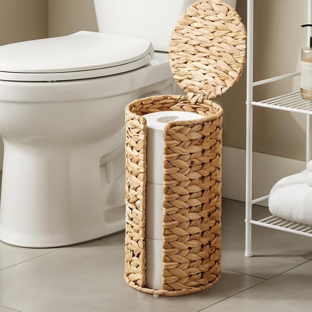 Water Hyacinth Free Standing Toilet Paper Holder Stand for Bathroom, 3 Rolls up to 5  Toilet Roll Holder Stand Storage with Lid, Decorative Boho Toilets Tissue Holders, for Bathroom and Under Sink