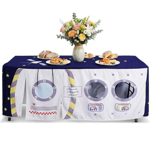 Oudain 10ft x 7.5ft Large Tablecloth Playhouse for Kid Table Fort Cover Table Cloth Tent Playhouse for Dining Room Birthday Indoor Outdoor Party Playground (Blue Colors, Space Station Style)