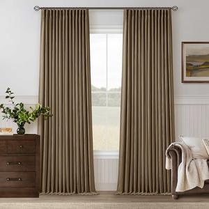 Brown Pinch Pleated 100% Blackout Linen Bedroom Curtains 96 Inch Length Double Layer Pleat Curtains Ring Hooks Back Tab Black Out Room Darkening Drapes 96 Inches Long Living Room Dutch Cocoa