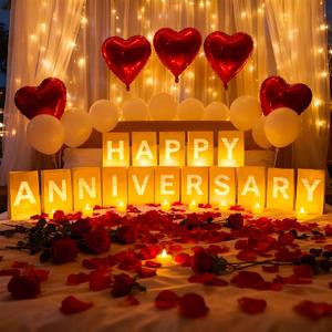 Happy Anniversary Light Up Letters, Include Light up Letters, with Tea Lights Candles, Latex Balloons, Aluminum Balloons and Rose Petals, Anniversary and Valentines' Day Decorations for Women
