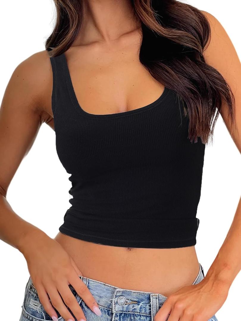 Danysu Women Rib Tank Top Padded Workout Top Square Neck Crop Tank Fitted Basic Cami Tops (X-Small, Black Solid)