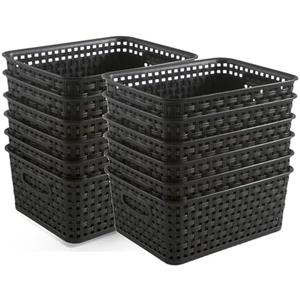 ZHENFAN Black Plastic Weave Storage Baskets, 12-Pack Woven Basket Organizer for Kitchen Office Bathroom
