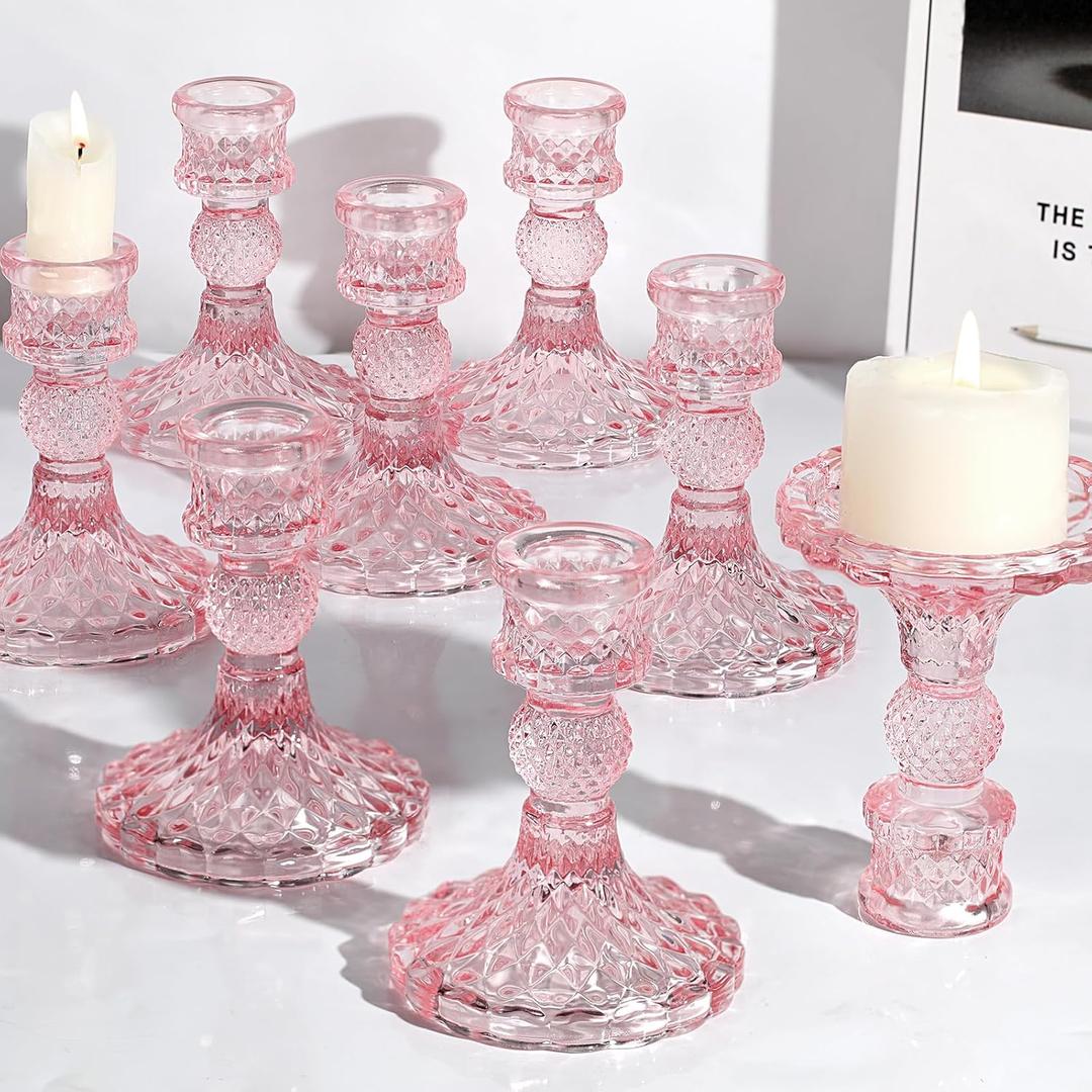 12Pcs Pink Candlestick Holders Set- 4" H Taper Candle Holders Bulk, Glass Candle Holders for Wedding, Party, Romantic Dinner Table Centerpieces, Festival Gifts & Windowsill Decor (Pink Dimond Pattern)