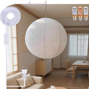 Large Japanese Linen Pendant Light Plug in Paper Lantern 20 Inch Round 14.7FT Cord & E26 LED Bulb Handcrafted Minimalist Decor for Bedroom, Living Room, Corner
