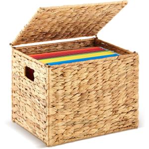Jingmore 1 Pack Large Decorative File Box Water Hyacinth Letter/Legal Size File Organizer with Lid Collapsible Hand Woven Filing Cabinet for Office/Home Decor (14.37'' X 11.8'' X 11.4'',Light Color)