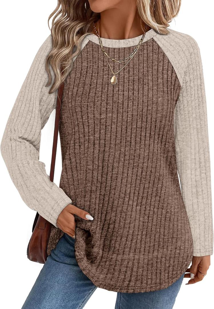 WIHOLL Long Sleeve Shirts for Women 2026 Fall Sweaters Lightweight Casual Tunic Tops Loose Fit Winter Clothing, Size 2XL (Paneled Apricot Brown)