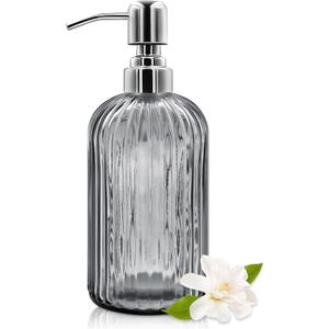 18 Oz Glass Soap Dispenser with Stainless Steel Pump, Modern Ribbed Design Refillable Liquid Soap Bottle for Bathroom, Kitchen, Hand Soap, Dish Soap, or Lotion (Grey)