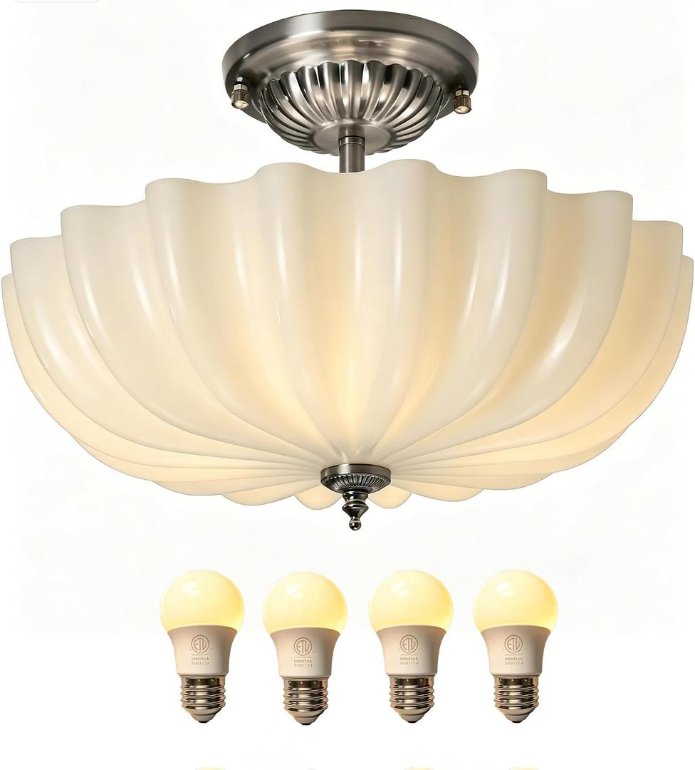 15.75-Inch Brushed Nickel Semi Flush Mount Ceiling Light Milk Glass Lampshade Fixture Mid Century Modern 4-Light (Dimmable 4 Bulb is Included) for Hallway Bedroom Foyer Entryway Kitchen