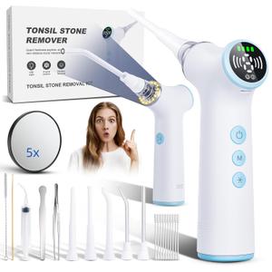 Electric Tonsil Stone Remover Vacuum  8 Suction Levels with LED Light, Safety Pause Button & Oral Protection | High-Precision Tonsil Stone Removal Kit with 13 Attachments for Painless Cleaning (White)