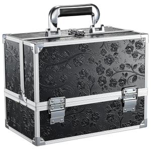 FRENESSA Makeup Train Case Makeup Box 11.8 Inch Large Makeup Case Organizer 3 Trays with Mirror Locking Cosmetic Storage Box for Cosmetics Nail Supplies Sewing Travel Case Black Floral