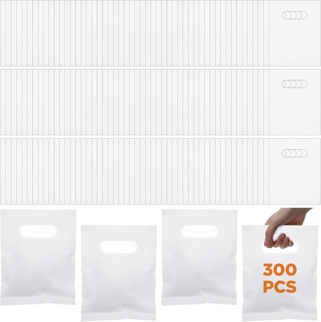 300 Pcs Plastic Bag With Die Cut Handle, 6"x 8" Small Shopping Bags, White Merchandise Bags, 2.5 Mils Thick White Small Plastic Bag for Retail, Gifts and Shows