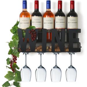 Wall Mounted Metal Wine Rack - Wine Rack Wall Mount Wine Bottle Holder 4 Long Stem Glass Holder & Wine Cork Storage Wine