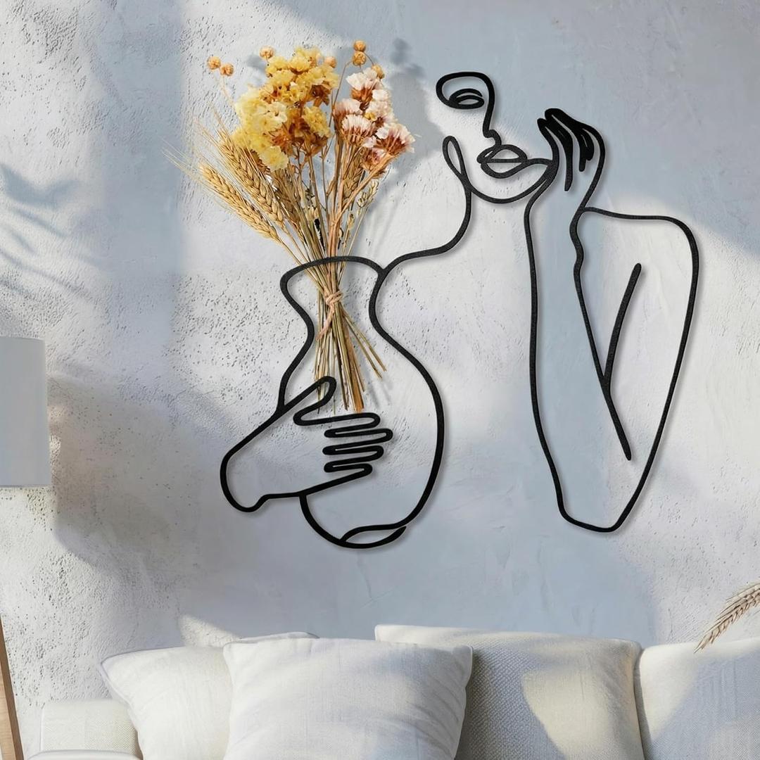 Pelopy Black Metal Wall Decor, Abstract Woman Wall Art, Minimalist Line Vase Decor, Modern Aesthetic Metal Women Art for Home Bedroom Bathroom Living Room