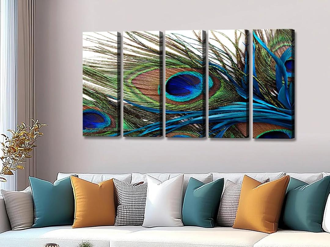 Wall Art for Living Room Bedroom Decoration Peacock Painting Canvas Print Framed Art Animal Feather Plume Modern Art for Office Wall Dcor Teal Blue Green 5 Panels Large Size 10x28inch