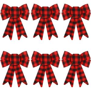 CCINEE 6 PCS Red Buffalo Plaid PVC Christmas Wreath Bows, 8.3"11.2" Xmas Plastic Bows Decorations Christmas Tree Ornaments for Home Party Indoor Outdoor Decoration Gift (Red and Black)