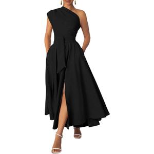 Ekaliy Women's One Shoulder Belted Maxi Dress Long Formal Wedding Guest Dress with Pockets (XX-Large, Black)