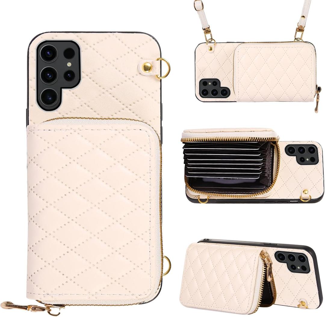 Compatible with Samsung Galaxy S25 Ultra 5G Zipper Wallet Case with Crossbody Shoulder Strap Flip Purse Card Slots, Card Holder Stand Cell Phone Cover for S25Ultra 25S S 25 25Ultra Women White (Beige)