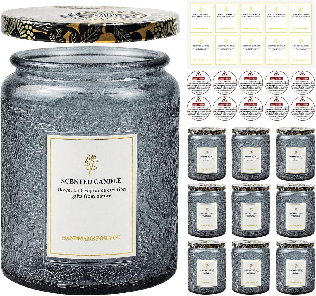 8.8OZ, 9 Pack Embossed Candle Jars for Making Candles, Empty Glass Containers with Tin Lids and Sticker Label, Warning Label for Candle Making Candle DIY Craft (Grey)