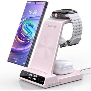 Wireless Charger for Samsung Charging Station: 3 in 1 Android Charging Stand with Dimmable Clock - Nightstand Organizer for Galaxy S25 Ultra, Galaxy Watch 8 7 6 5 4, Galaxy Buds, Space-Saving Charger