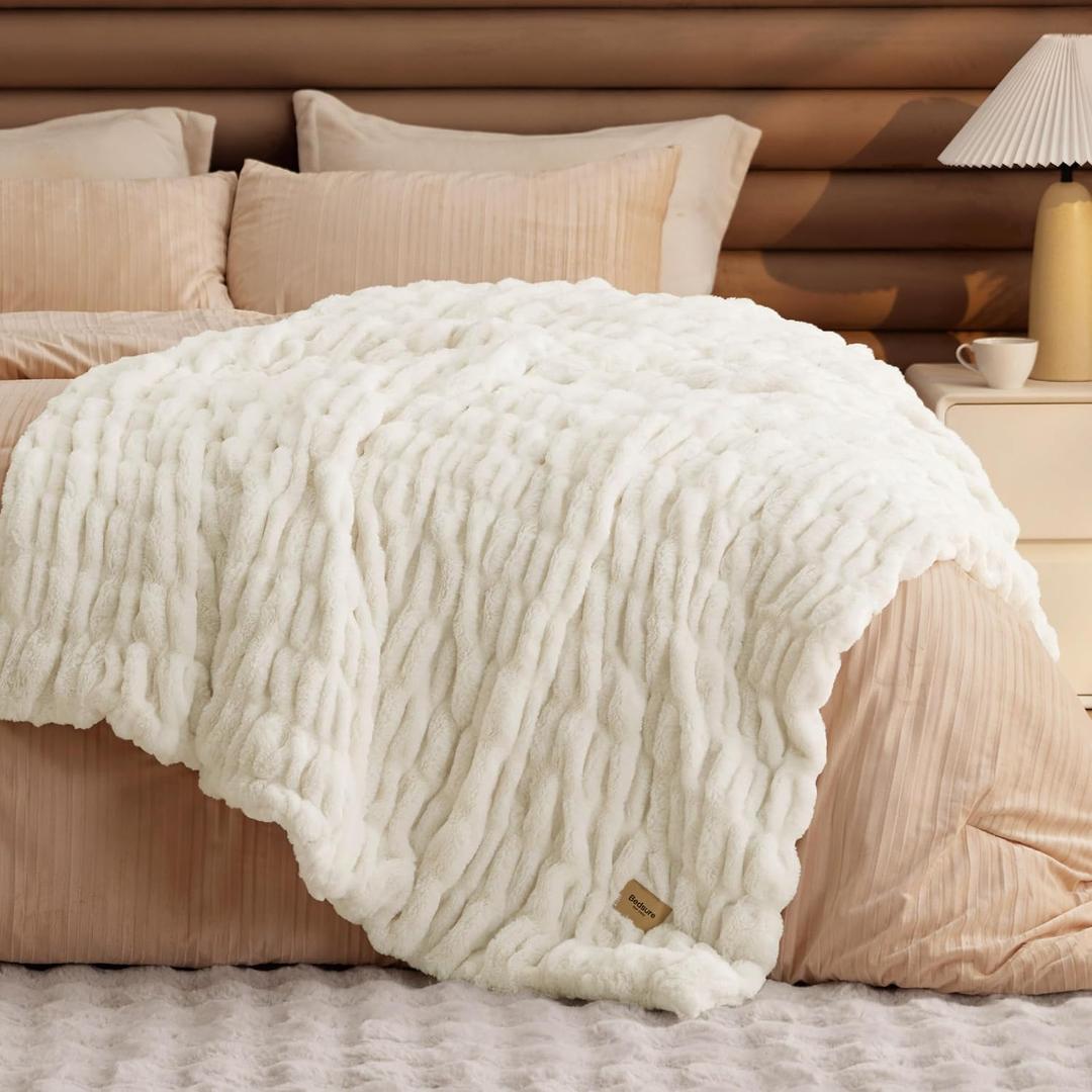 Bedsure Gentlesoft Double-Sided Ruched Faux Fur Throw Blanket for Couch, Cozy Soft Fuzzy Fluffy Faux Rabbit Fur Blanket, Luxury Gifts for Women Thick Warm Plush Room Decor, 50X60 Inch, Cream