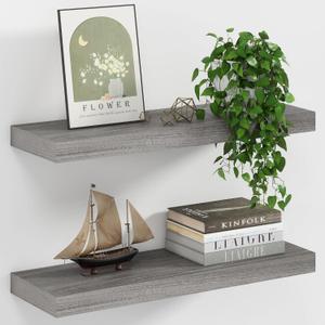 Fun Memories 8 Inch Deep Floating Shelves, USA-Sourced Rustic Elm Wood Wall Shelves for Storage, Wall Mounted Display Shelving with Invisible Heavy-Duty Metal Bracket (Grey, 24" W x 8" D, Set of 2)