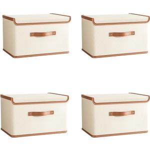 Tuza 4 Pack Storage Bins with Lids, Collapsible Closet Organizer Container, Fabric Organizer Box with Handles, Decorative Storage Boxes with Lids for Organizing Clothes, Books, File, White, Large
