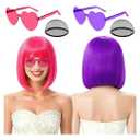 2 Pack Colored Bob Wigs and Heart Sunglasses Set, Purple Hot Pink Short Straight Bob Wig with Bangs Neon Party Colorful Synthetic Hair for Women Men Halloween Costume Bachelorette Party Favors
