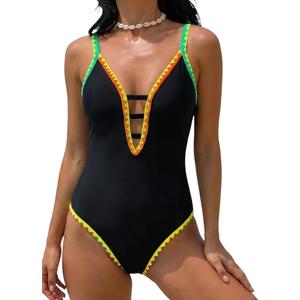 popvil Women One Piece Swimsuit Tummy Control Deep V Neck Neon Cute Bathing Suit Back Tie Swim Suits 2025 Summer (Black, L)