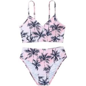 BEAUDRM Girl's 2 Piece Floral Swimsuit Bikini Set High Waisted Bathing Suits Swimwear, 10Y