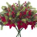 8PCS Artificial Flowers Bouquet Christmas Floral Pine Cones Red Fake Berry Picks Stems Holly Holiday Floral Picks for Xmas Tree Party Decoration DIY Indoor Table Centerpieces